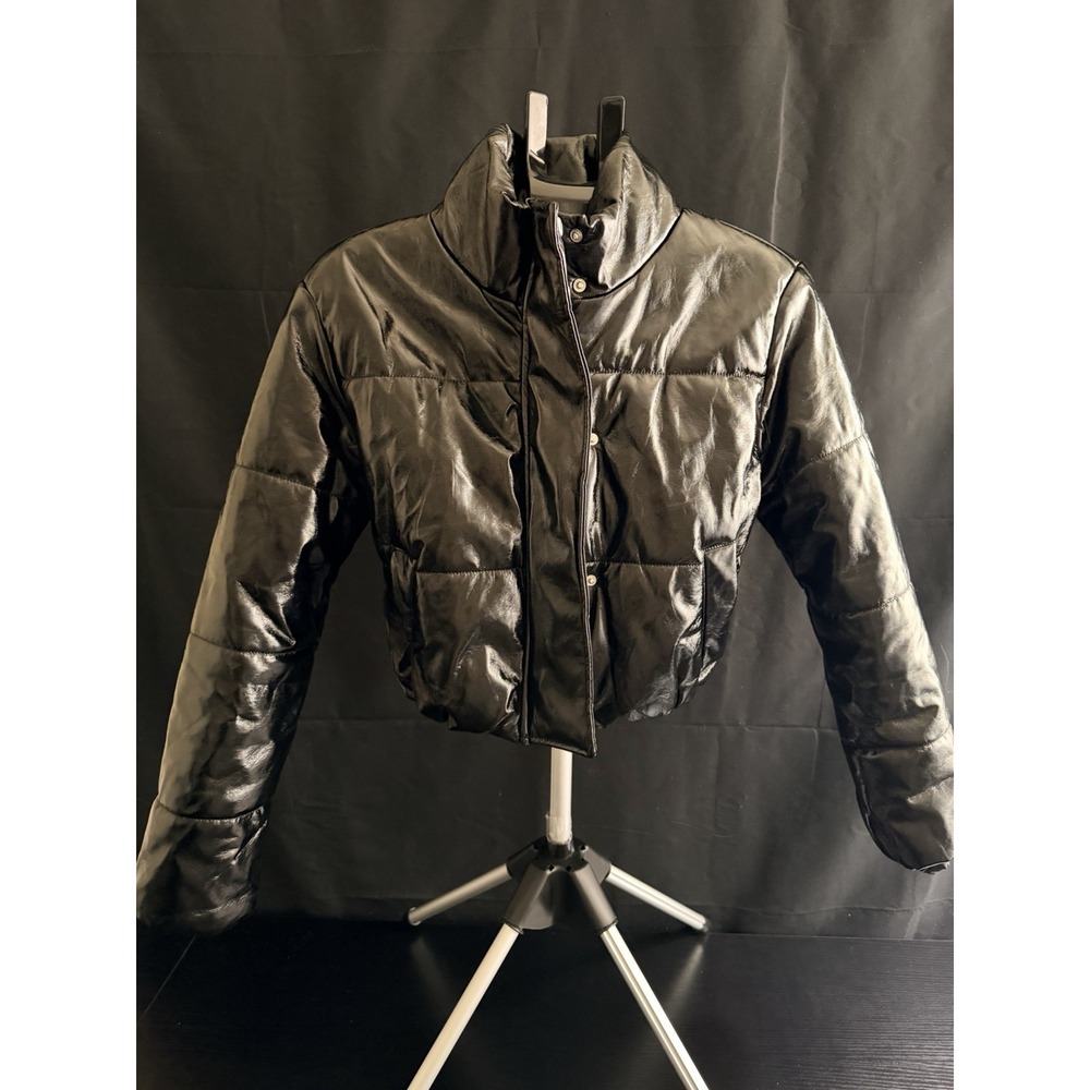 Ambiance Outerwear Faux Leather Crop Puffer Jacket Women Black Full Zip Large L